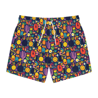 Vibrant patterned men’s swim trunks featuring bold colorful geometric designs for beachwear