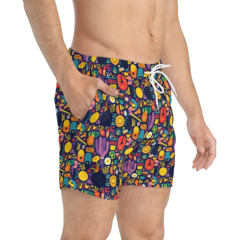 Patterned men’s swim trunks in a vibrant design displayed in the Vibrant Patterned Swim Trunks product image