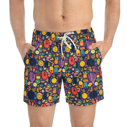 Patterned men’s swim trunks with vibrant design on a white background