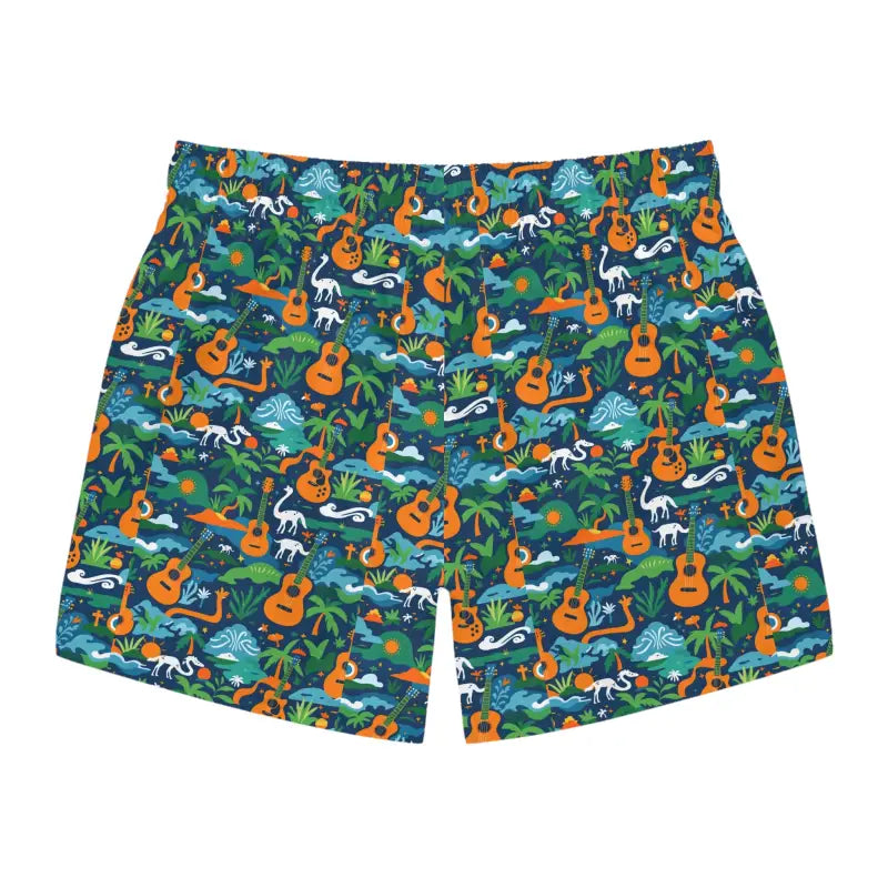 Patterned men’s swim trunks with vibrant tropical guitar design for summer fun