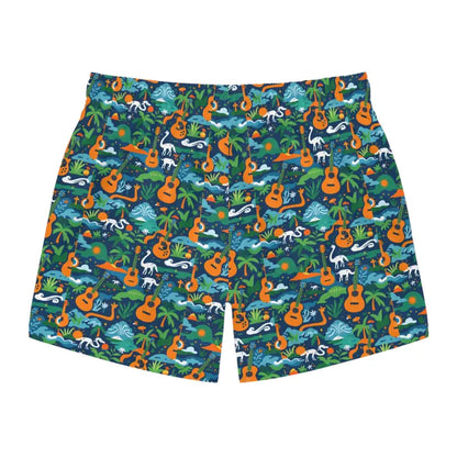 Patterned men’s swim trunks with vibrant tropical guitar design for summer fun