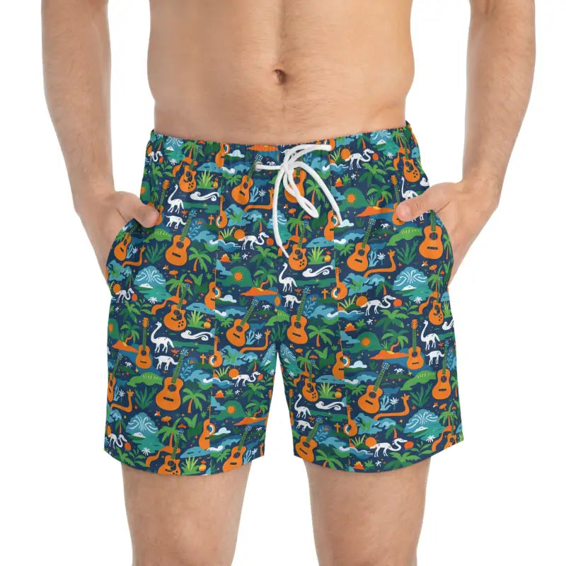 Men’s patterned swim trunks with vibrant tropical guitar design for summer beachwear
