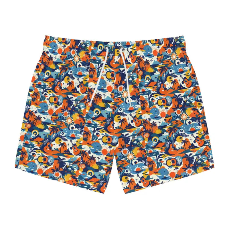 Patterned men’s swim trunks with vibrant tropical print for summer beach activity