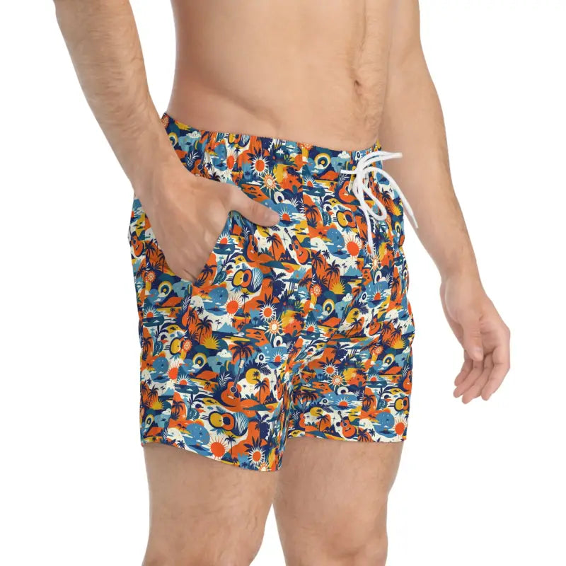 Patterned men’s swim trunks featuring vibrant tropical print for summer enjoyment