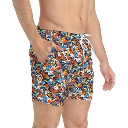 Patterned men’s swim trunks featuring vibrant tropical print for summer enjoyment