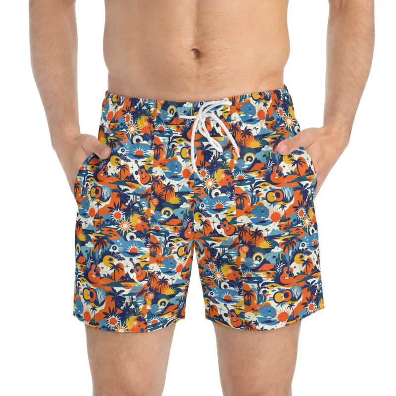 Patterned men’s swim trunks with vibrant tropical print for summer beachwear