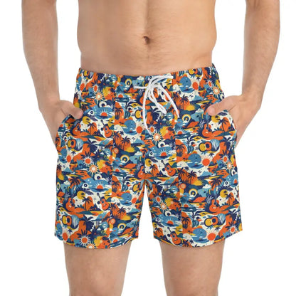Patterned men’s swim trunks with vibrant tropical print for summer beachwear