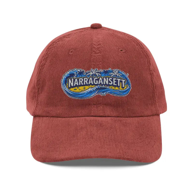 Maroon corduroy baseball cap with Narragansett embroidery for vintage style enthusiasts