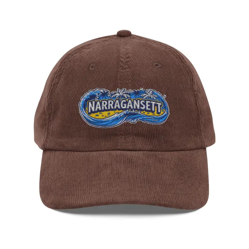 Brown corduroy baseball cap featuring Narragansett embroidery for vintage style