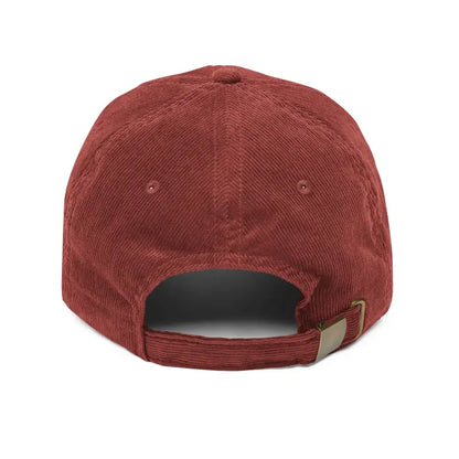 Burgundy corduroy baseball cap with Narragansett embroidery displayed as a vintage accessory
