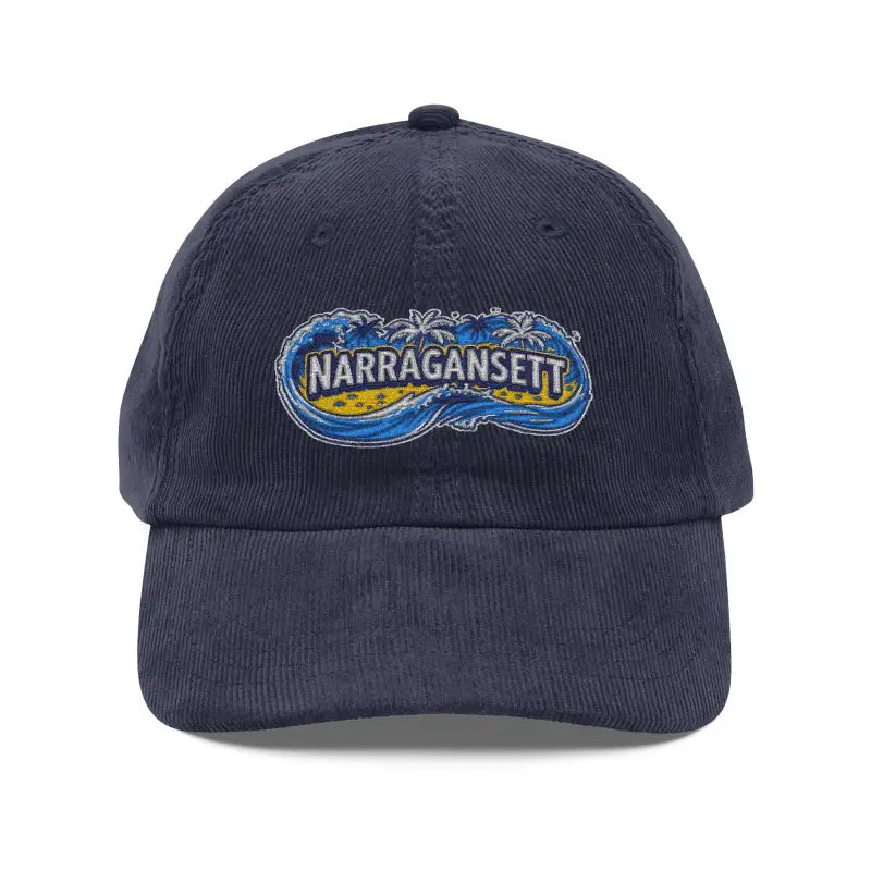 Navy corduroy baseball cap featuring Narragansett embroidery for a vintage look