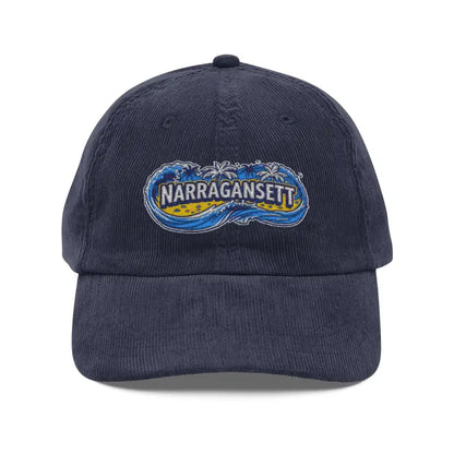 Navy corduroy baseball cap featuring Narragansett embroidery for a vintage look