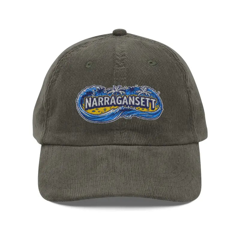 Olive green corduroy baseball cap featuring Narragansett embroidery for a vintage style