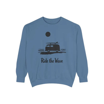 Blue sweatshirt featuring surfing design from the Wave Rider Sweatshirt Collection