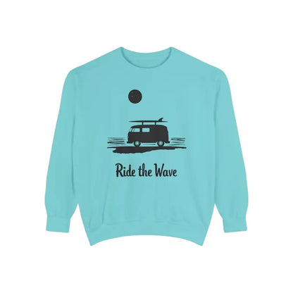 Turquoise sweatshirt featuring a surfing design from the Wave Rider Sweatshirt Collection
