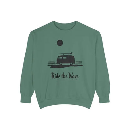 Green sweatshirt featuring a van graphic from the Wave Rider Sweatshirt Collection