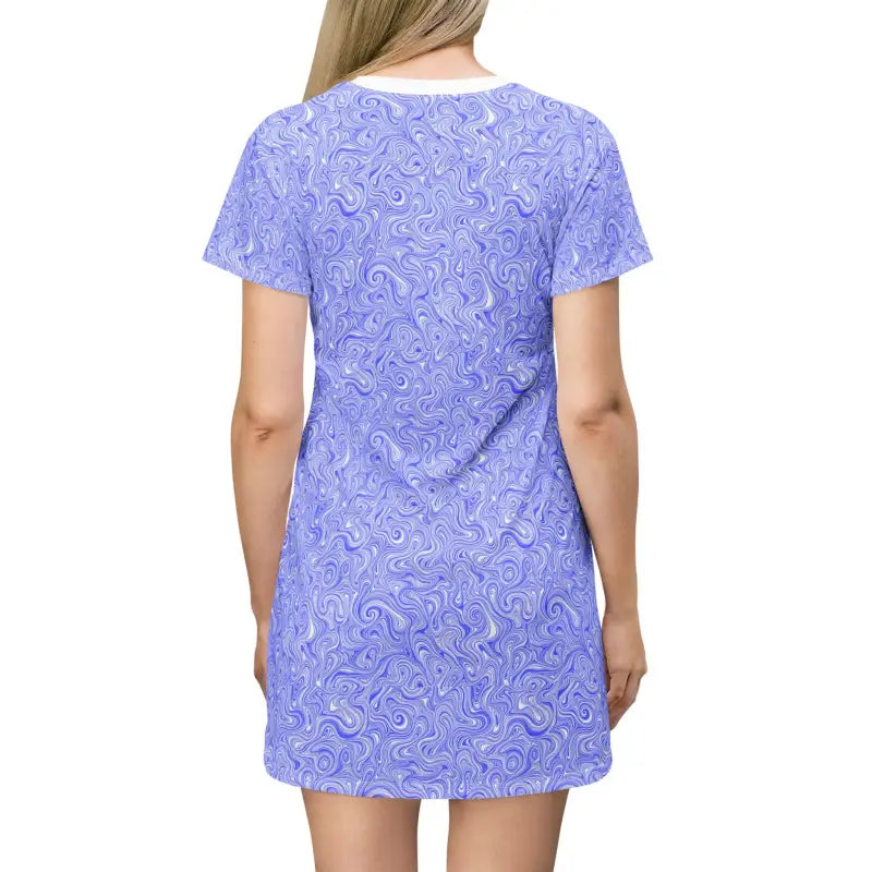 Blue and white swirl-patterned lightweight summer T-shirt dress for casual wear