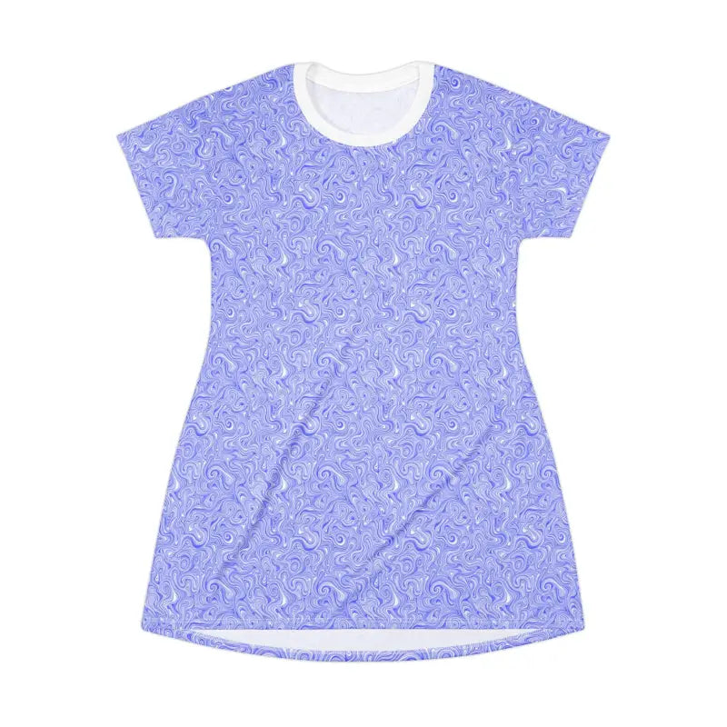 Blue and white patterned lightweight summer T-shirt dress in the Whimsical Swirl collection
