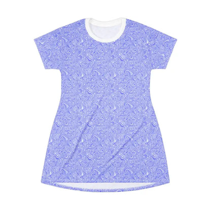 Blue and white patterned lightweight summer T-shirt dress in the Whimsical Swirl collection
