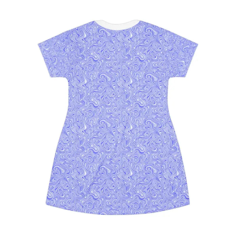 Blue and white swirl-patterned Whimsical Swirl T-Shirt Dress for summer comfort