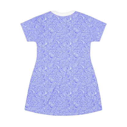 Blue and white swirl-patterned Whimsical Swirl T-Shirt Dress for summer comfort