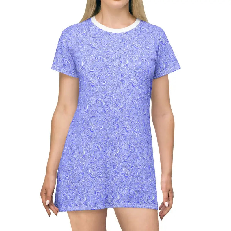 Blue and white patterned T-shirt dress from the Whimsical Swirl Summer Collection
