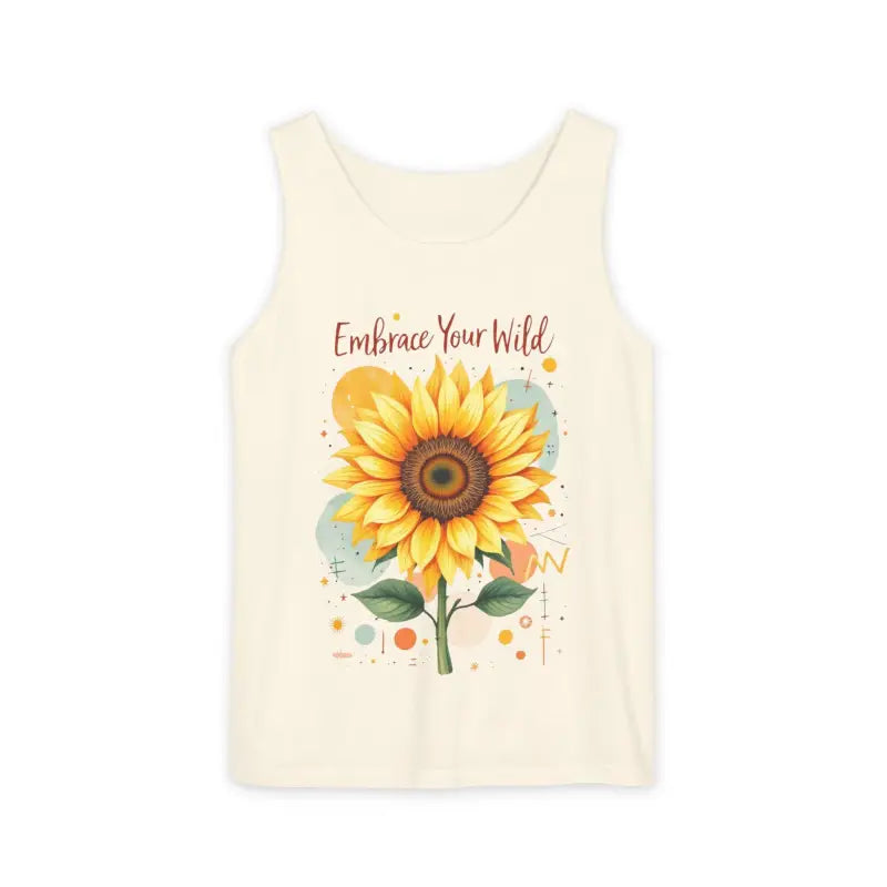 Cream-colored tank top with sunflower design from White and Coral Sunflower Tank Tops collection