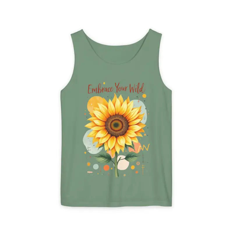 Green tank top featuring a sunflower design from White and Coral Sunflower Tank Tops collection