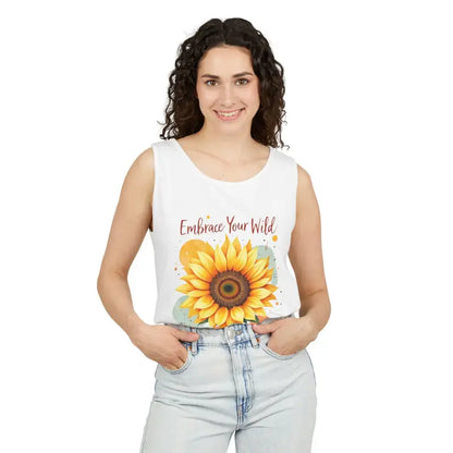 White tank top featuring a sunflower design from the White and Coral Sunflower Tank Tops collection