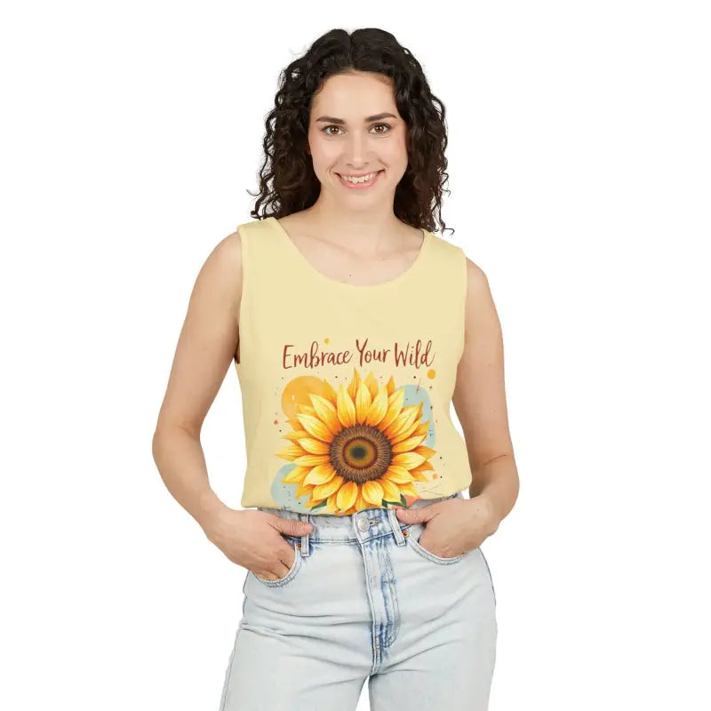 Woman’s sunflower tank top from White and Coral Sunflower Tank Tops collection