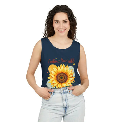 Woman’s sunflower tank top from White and Coral Sunflower Tank Tops collection