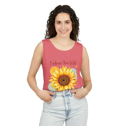 Woman’s pink tank top with sunflower design from White and Coral Sunflower Tank Tops collection