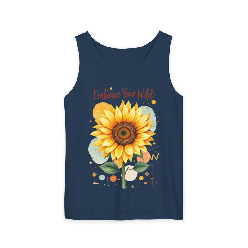 White and Coral Sunflower Tank Top featuring navy tank top with sunflower graphic