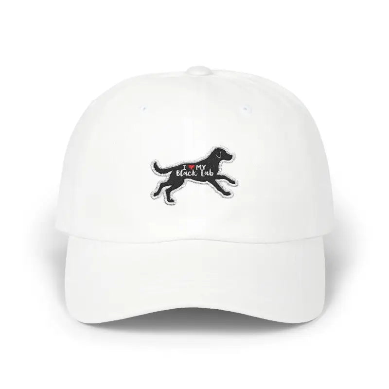 White baseball cap featuring an elegant black lab design for dog lovers