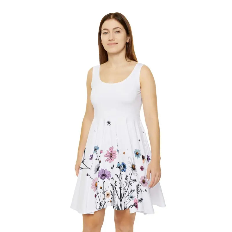 White Floral Print Sleeveless Skater Dress featuring a delicate floral design