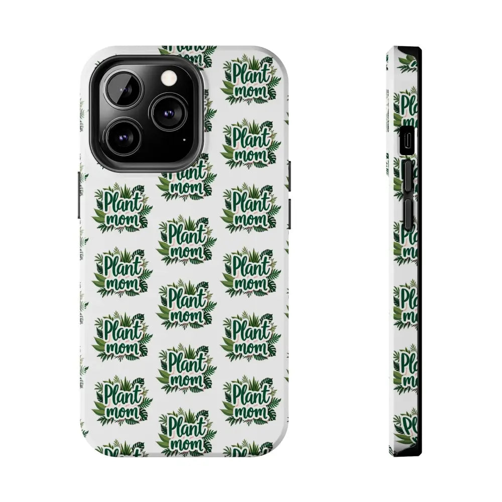 White Plant Mom phone case design for iPhone and Samsung devices on display