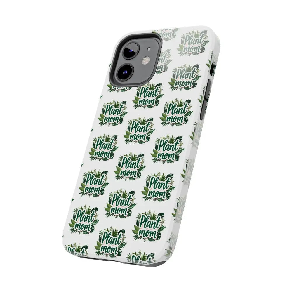 White iPhone case featuring a Plant Mom design, suitable for iPhone and Samsung devices