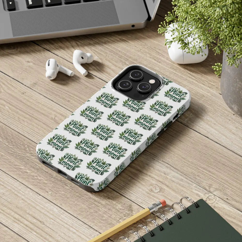 White phone case featuring Plant Mom pattern for iPhone and Samsung devices