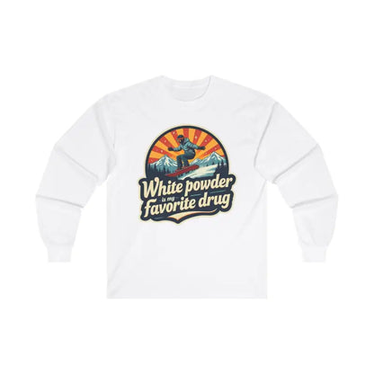 White long-sleeved shirt featuring a snowboarding graphic from Witty Snowboarding collection
