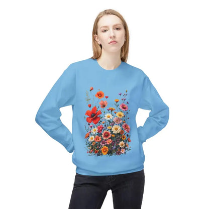 Light blue floral sweatshirt featuring a Women’s Floral Sweatshirt Softstyle Fleece Crewneck design