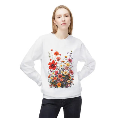 White Women’s Floral Sweatshirt Softstyle Fleece Crewneck with vibrant floral design