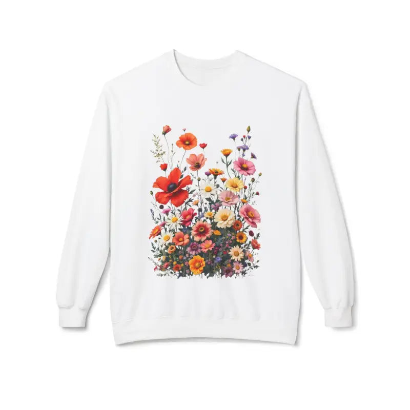 White Women’s Floral Sweatshirt Softstyle Fleece Crewneck with vibrant floral design