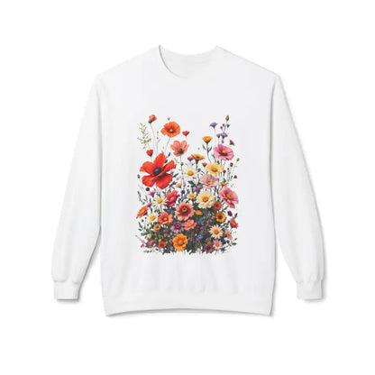 White Women’s Floral Sweatshirt Softstyle Fleece Crewneck with vibrant floral design