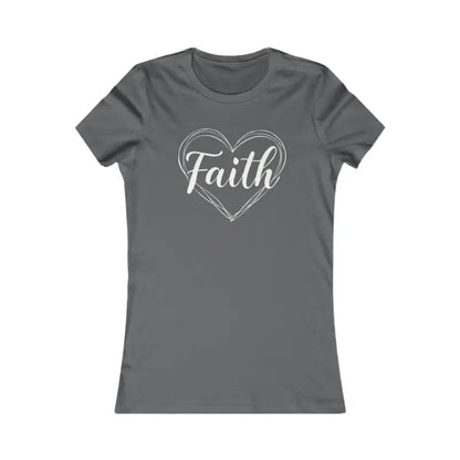 Gray Women’s Heart of Faith T Shirt featuring a heart design in pink and green